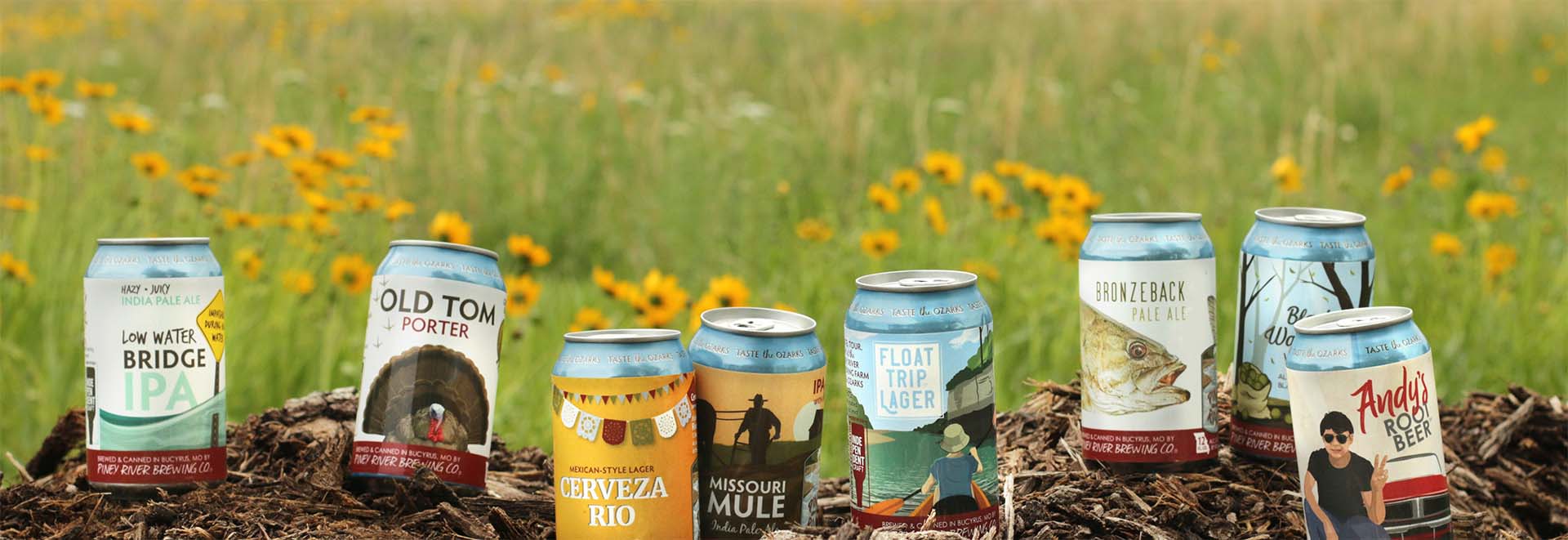 Piney River Brewing Co. flagship beers in outdoor environment, June 2026.